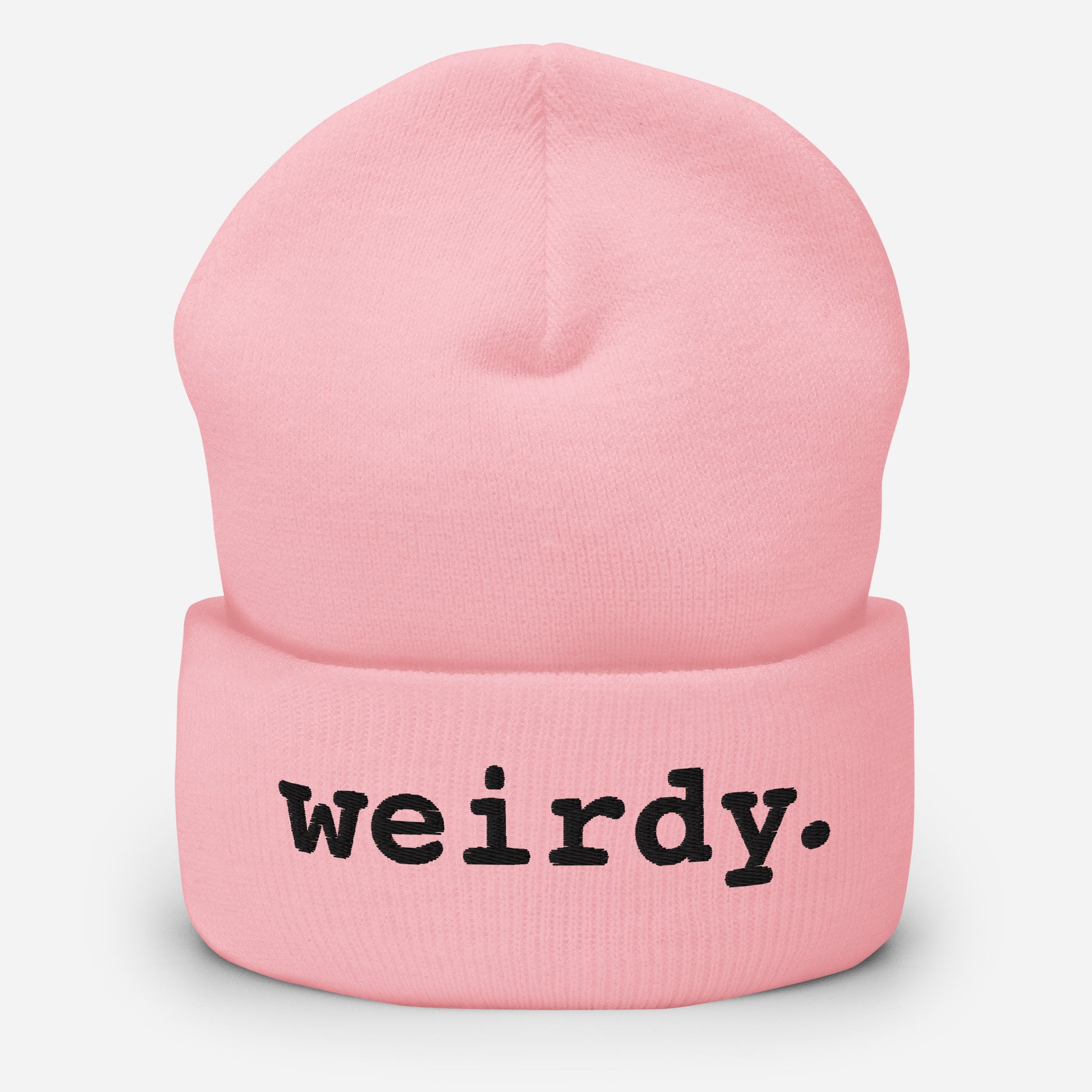 weirdy. Statement Cuffed Beanie with Black Text Baby Pink