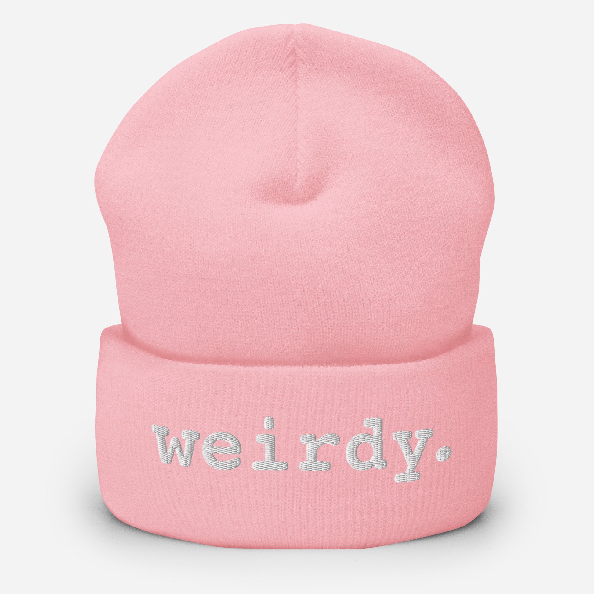weirdy. Statement Cuffed Beanie with White Text Baby Pink