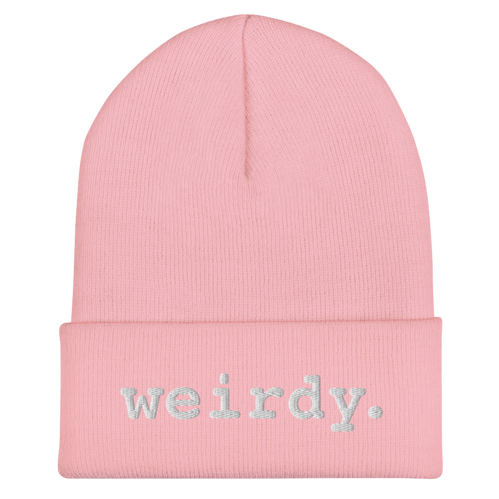 weirdy. Statement Cuffed Beanie with White Text Baby Pink