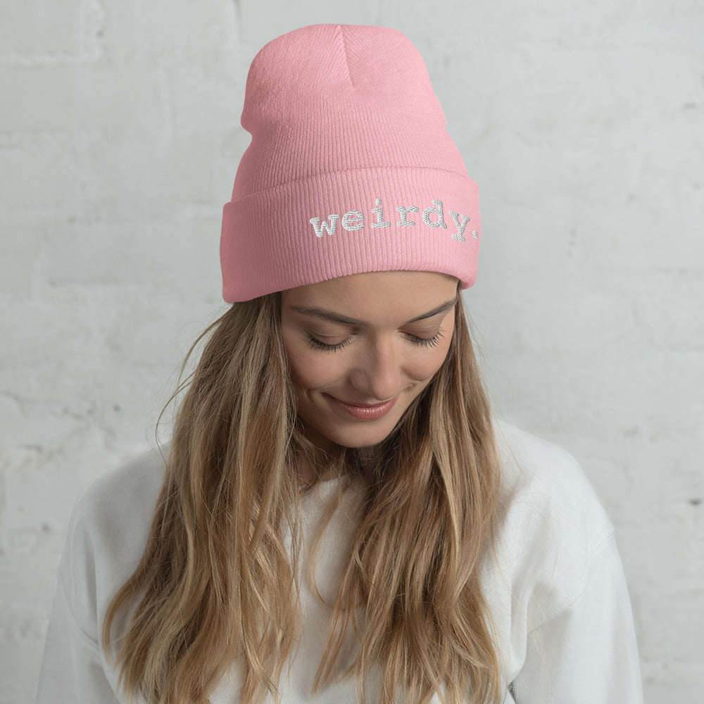 weirdy. Statement Cuffed Beanie with White Text Baby Pink