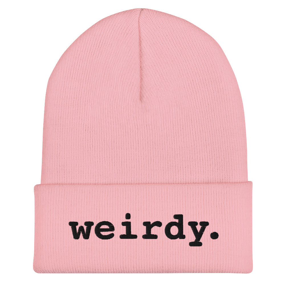 weirdy. Statement Cuffed Beanie with Black Text Baby Pink