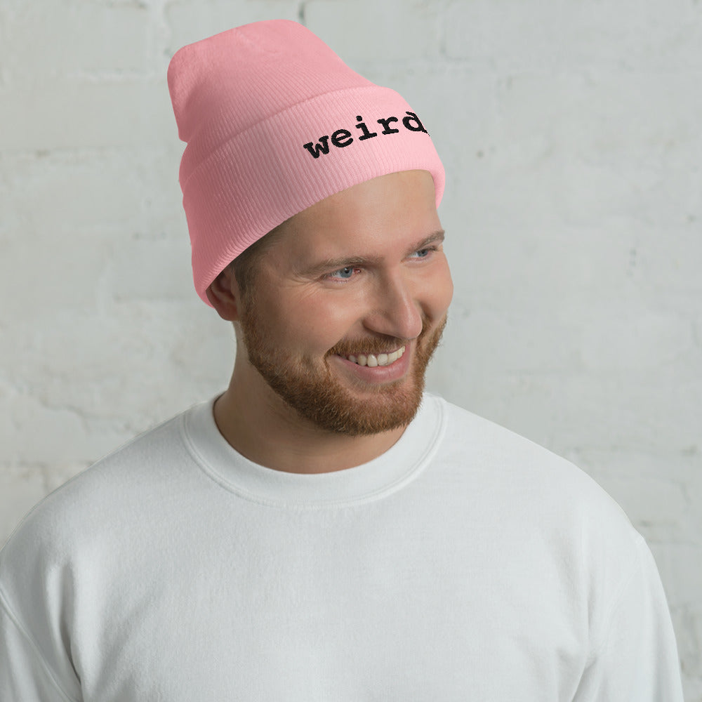 weirdy. Statement Cuffed Beanie with Black Text Baby Pink