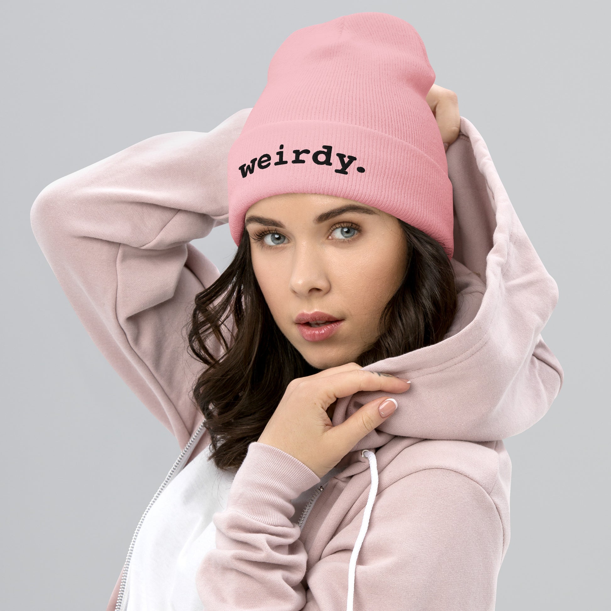 weirdy. Statement Cuffed Beanie with Black Text Baby Pink