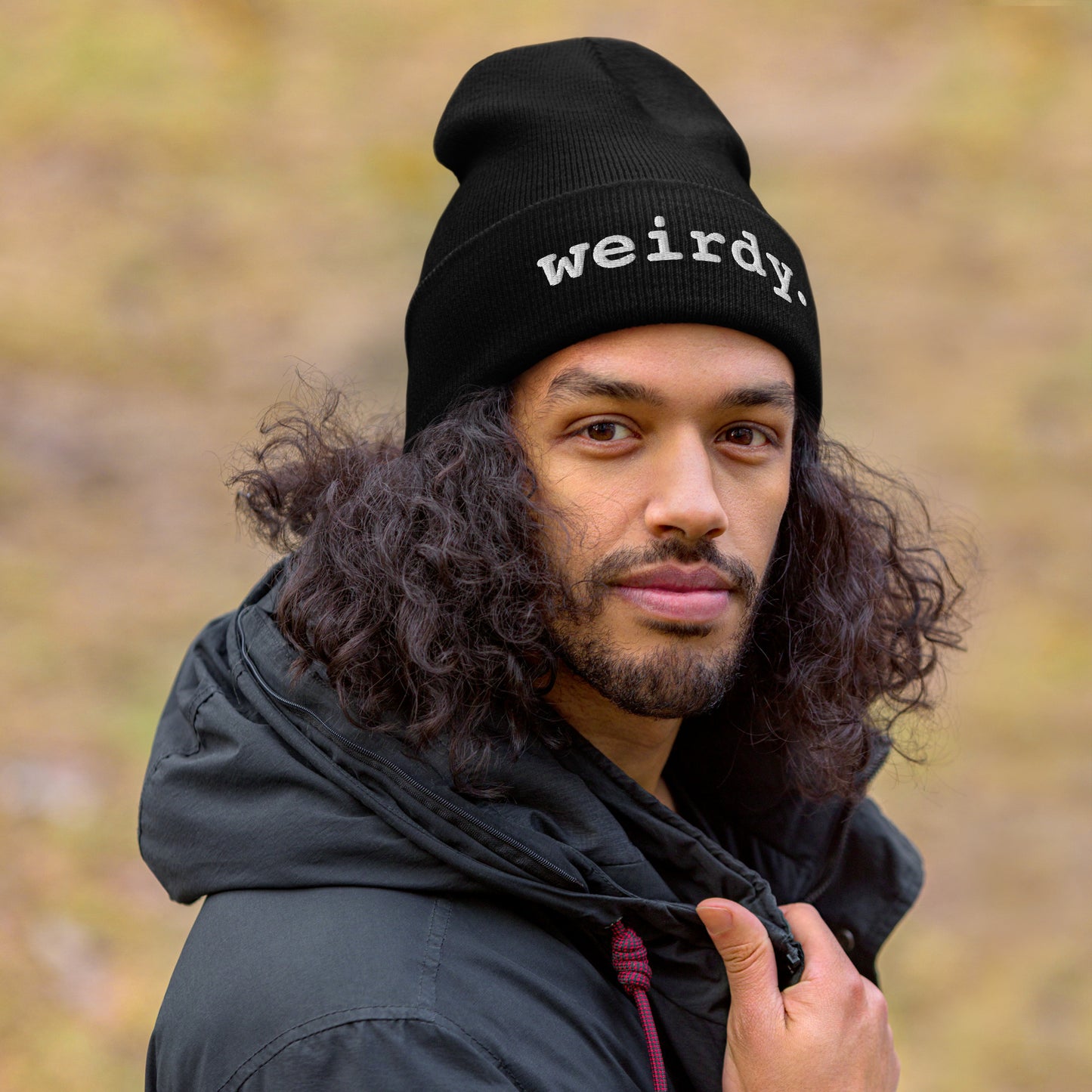 weirdy. Statement Cuffed Beanie with White Text Black