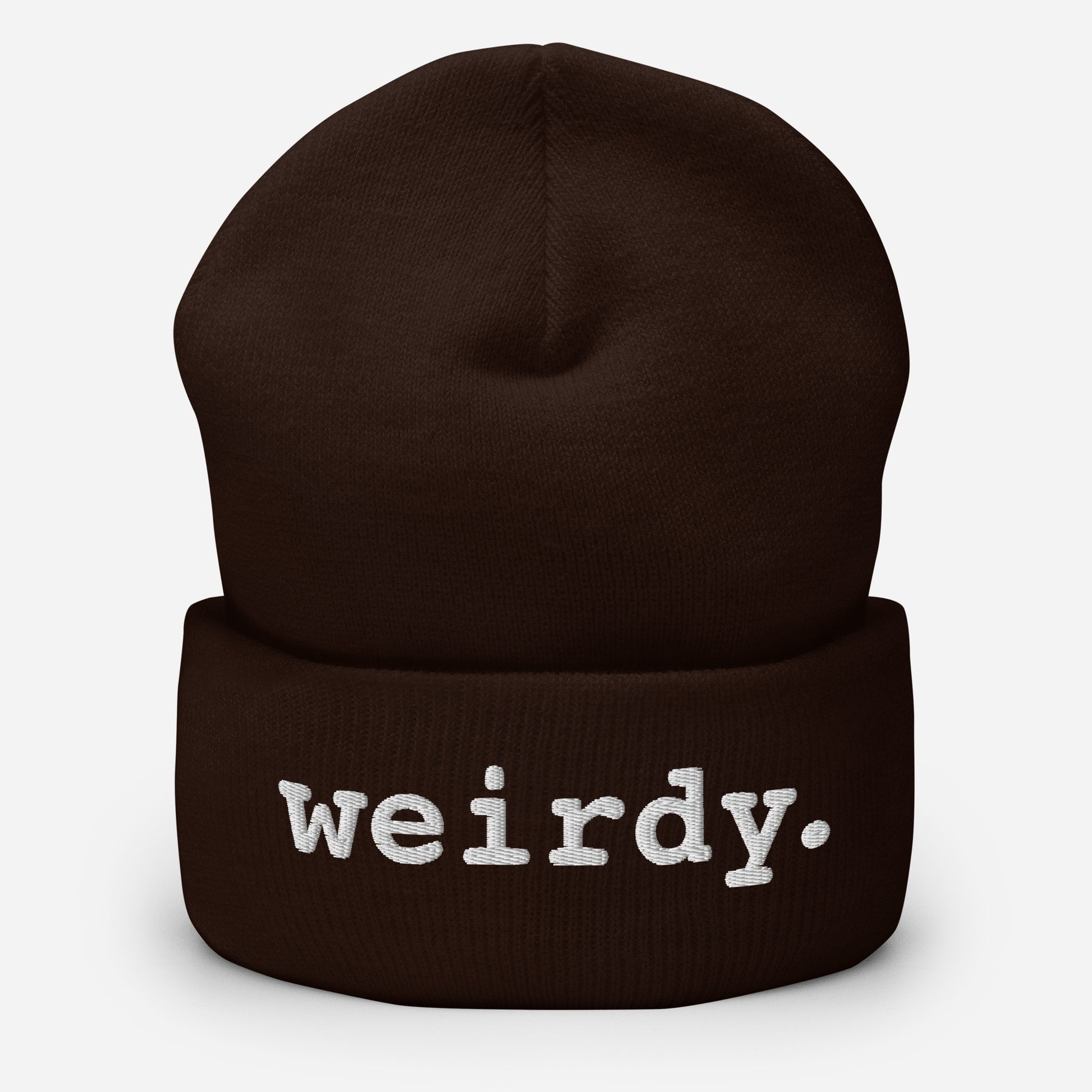 weirdy. Statement Cuffed Beanie with White Text Brown