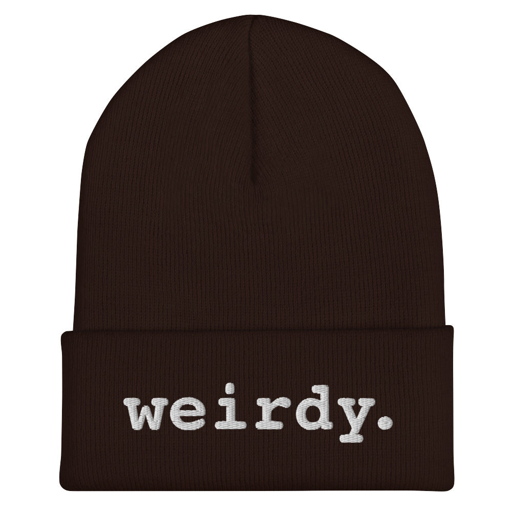 weirdy. Statement Cuffed Beanie with White Text Brown
