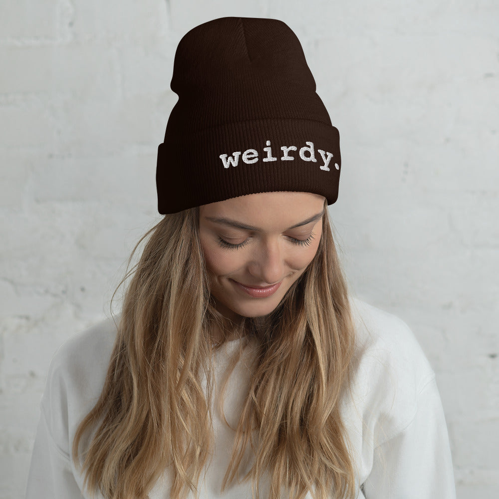 weirdy. Statement Cuffed Beanie with White Text Brown