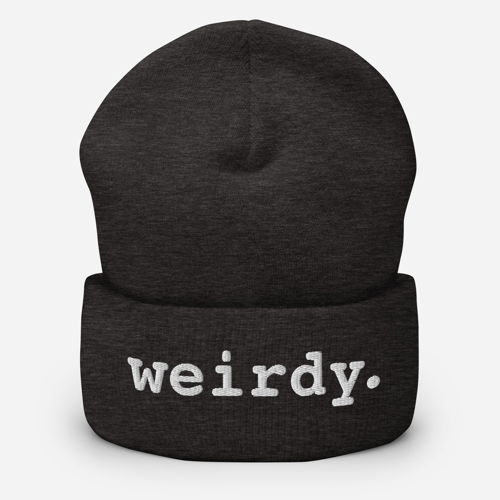 weirdy. Statement Cuffed Beanie with White Text Dark Grey