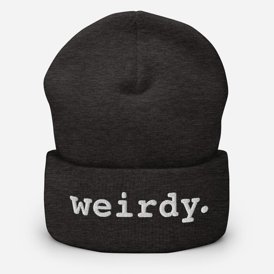 weirdy. Statement Cuffed Beanie with White Text Dark Grey