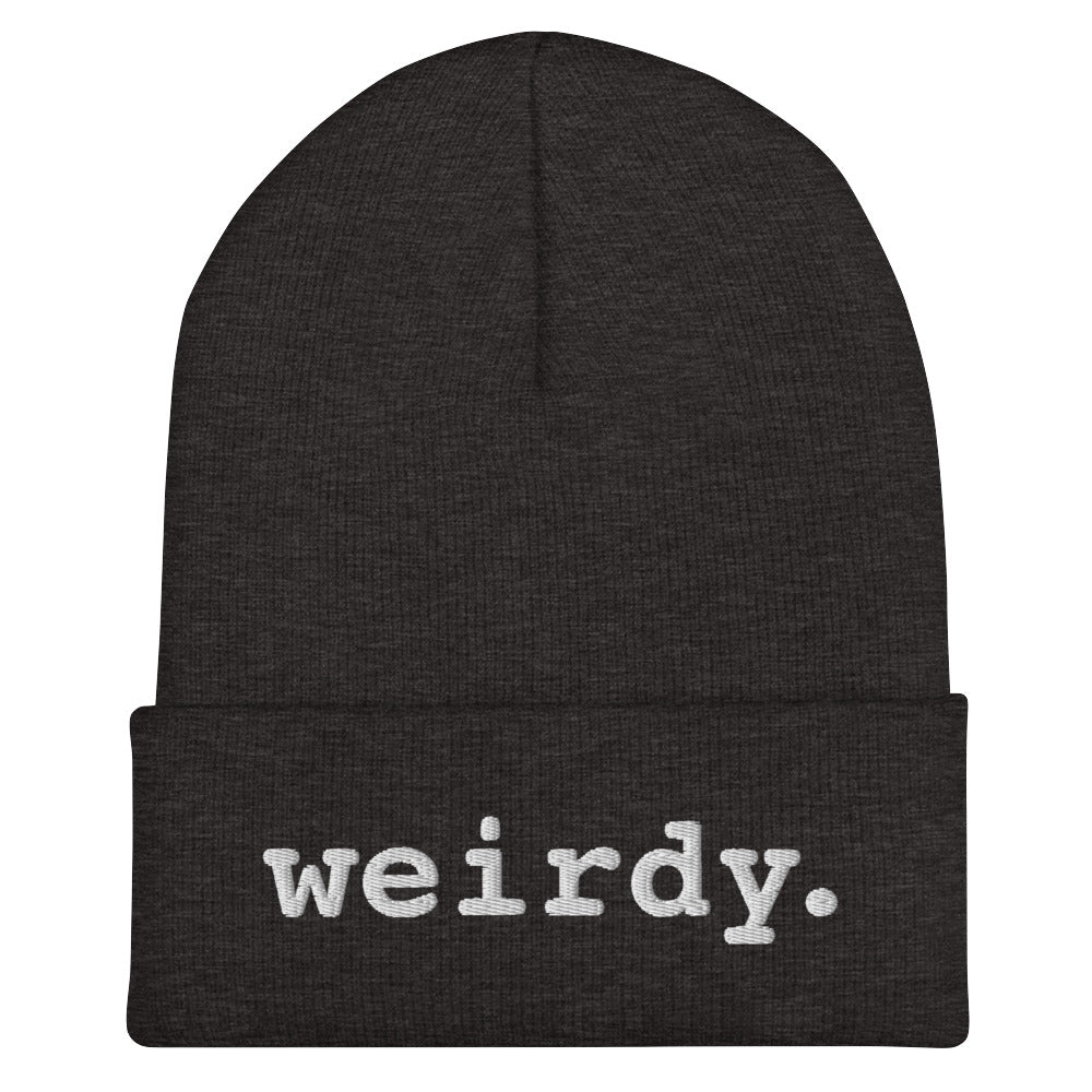 weirdy. Statement Cuffed Beanie with White Text Dark Grey