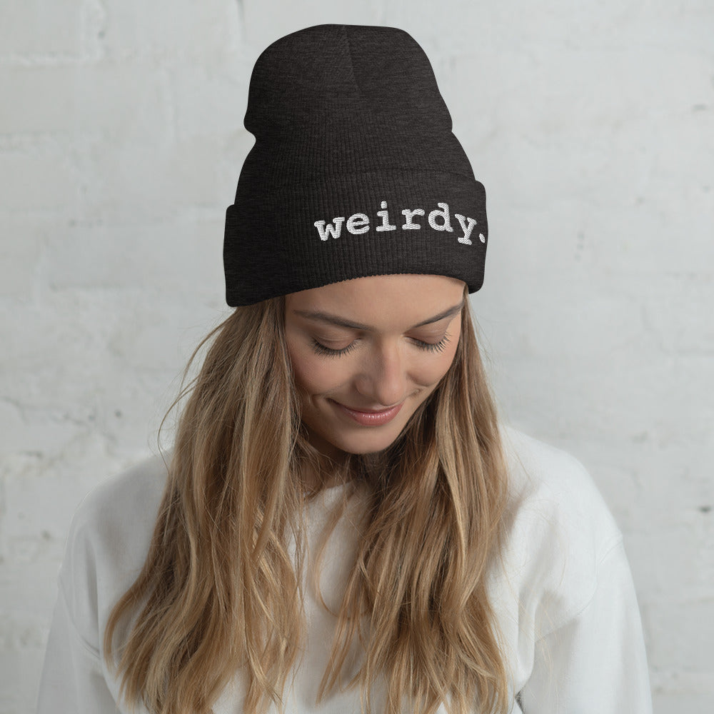 weirdy. Statement Cuffed Beanie with White Text Dark Grey