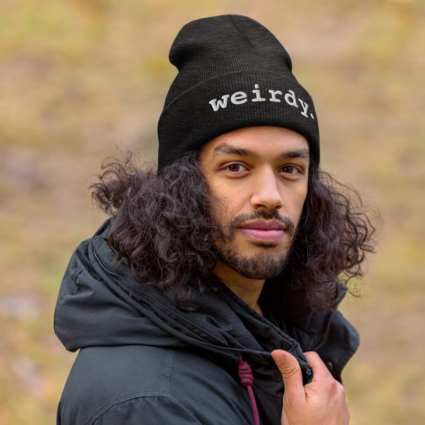 weirdy. Statement Cuffed Beanie with White Text Dark Grey