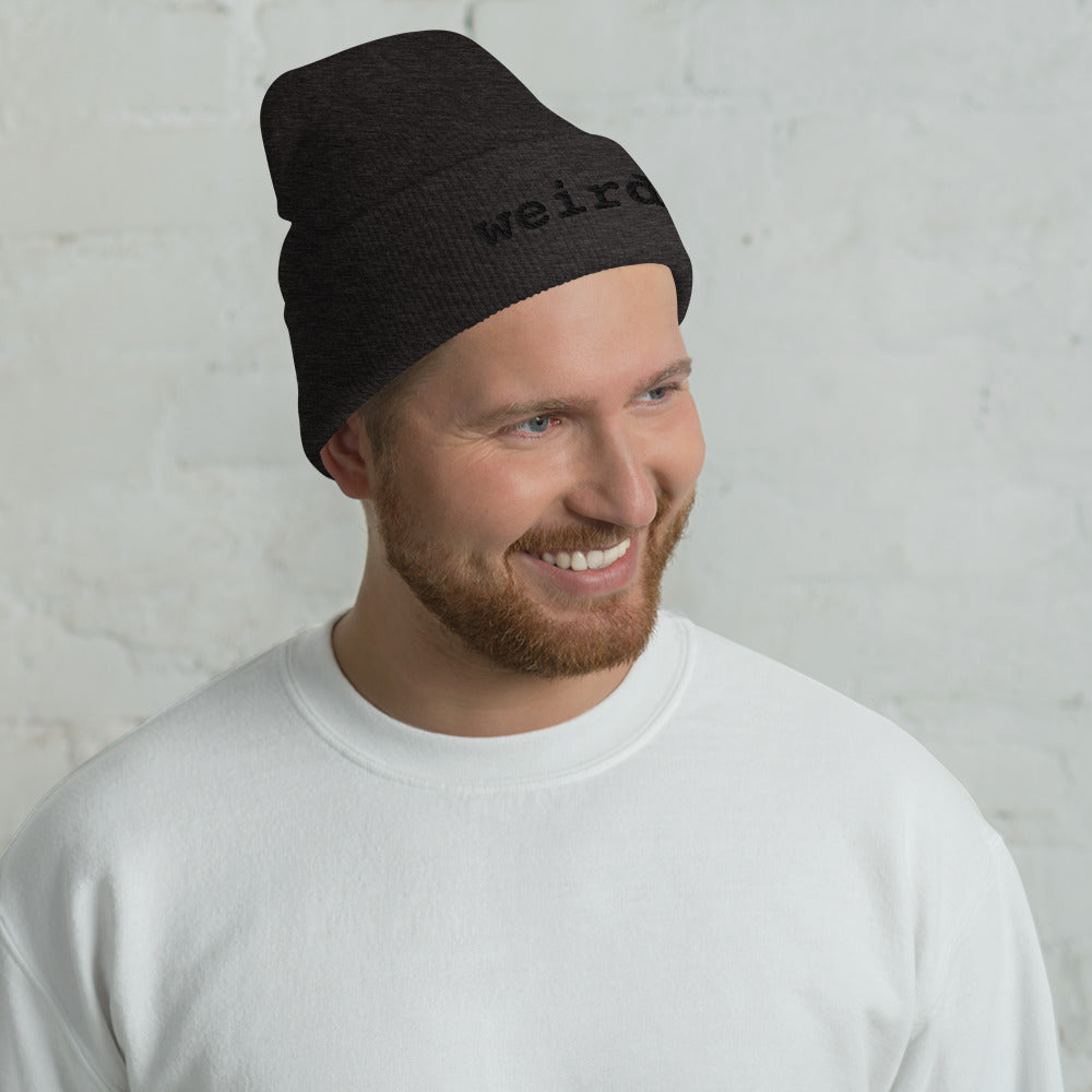 weirdy. Statement Cuffed Beanie with Black Text Dark Grey