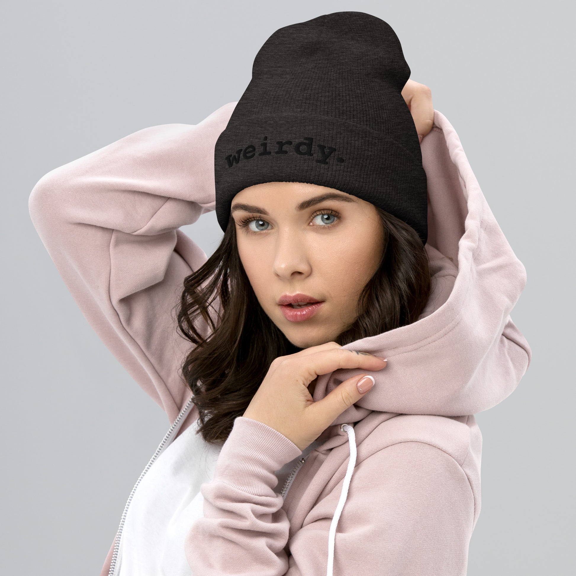 weirdy. Statement Cuffed Beanie with Black Text Dark Grey