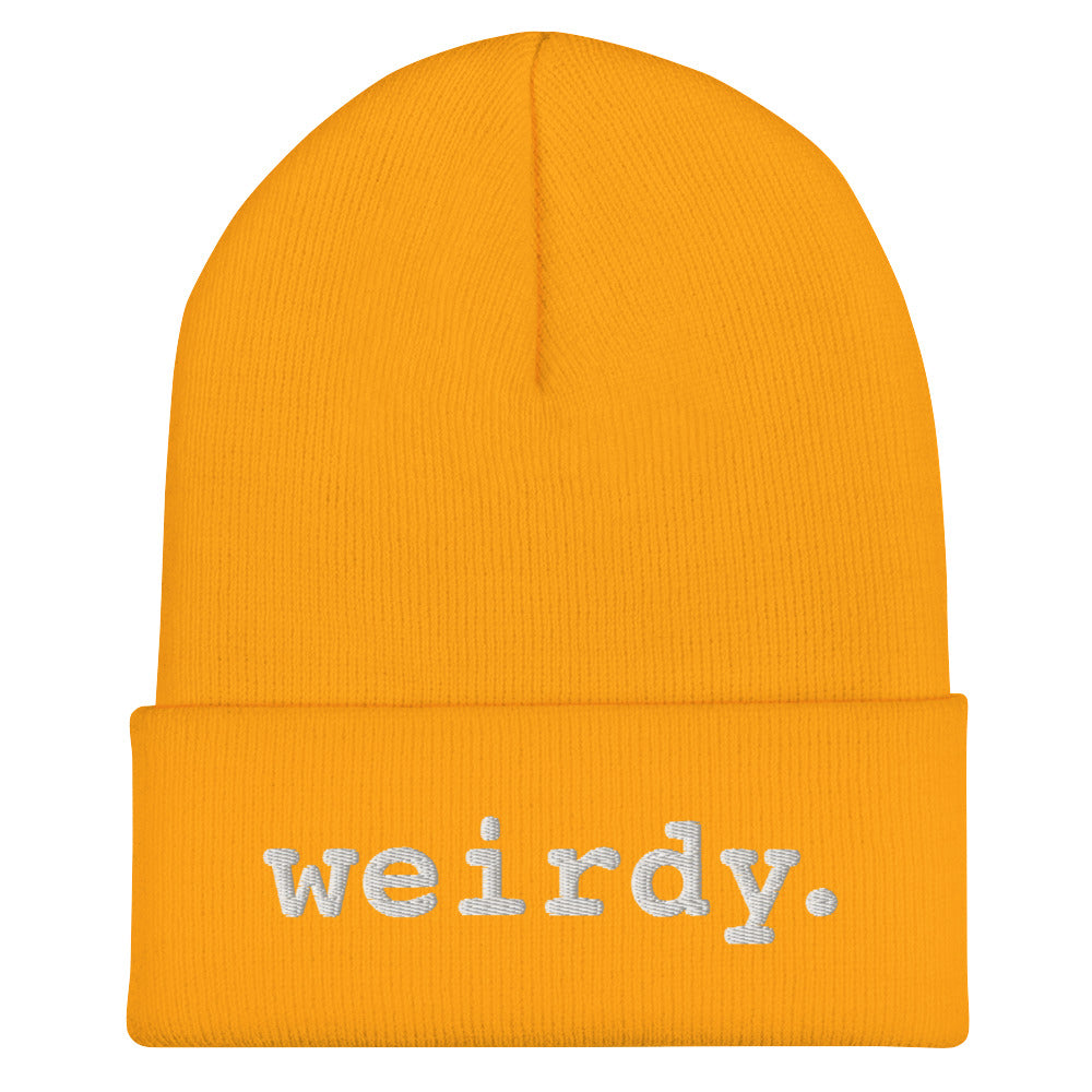 weirdy. Statement Cuffed Beanie with White Text Gold