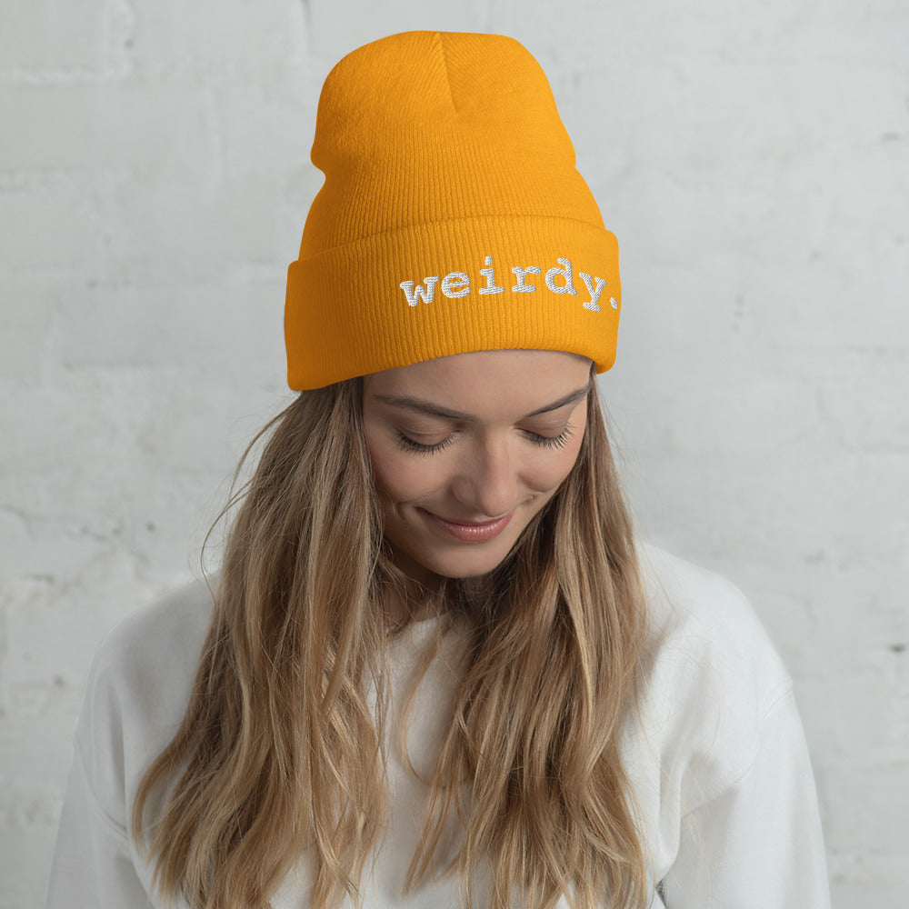 weirdy. Statement Cuffed Beanie with White Text Gold