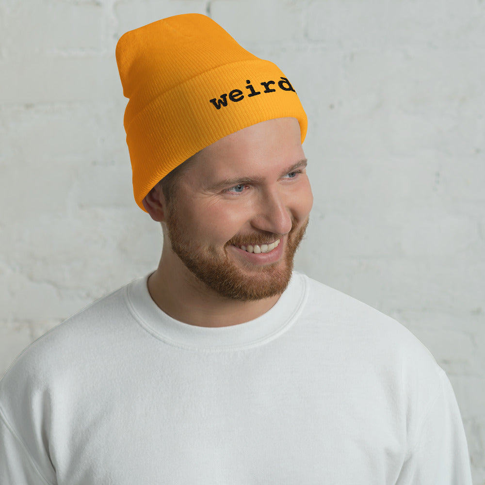 weirdy. Statement Cuffed Beanie with Black Text Gold