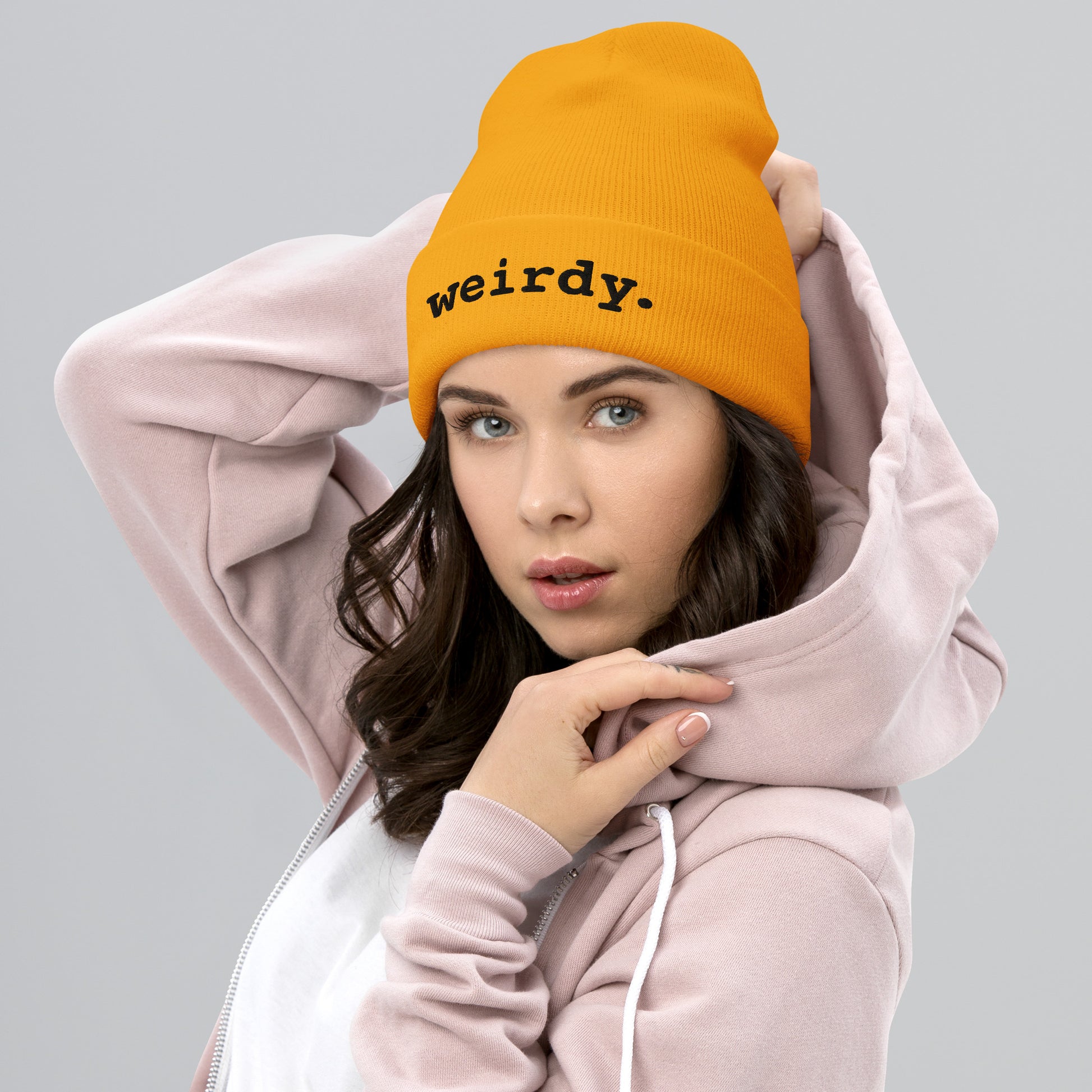 weirdy. Statement Cuffed Beanie with Black Text Gold