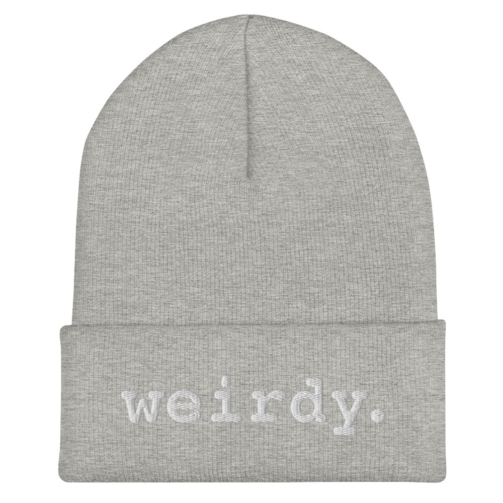 weirdy. Statement Cuffed Beanie with White Text Heather Grey