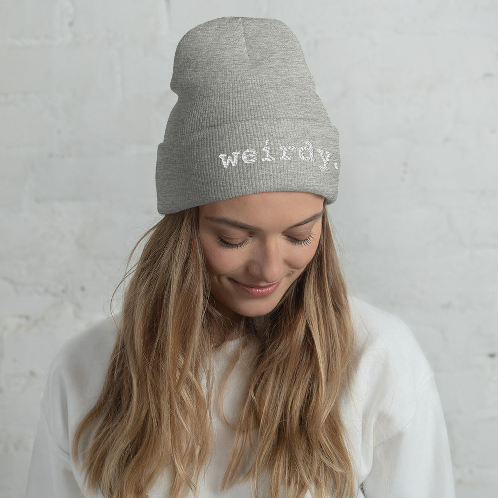 weirdy. Statement Cuffed Beanie with White Text Heather Grey