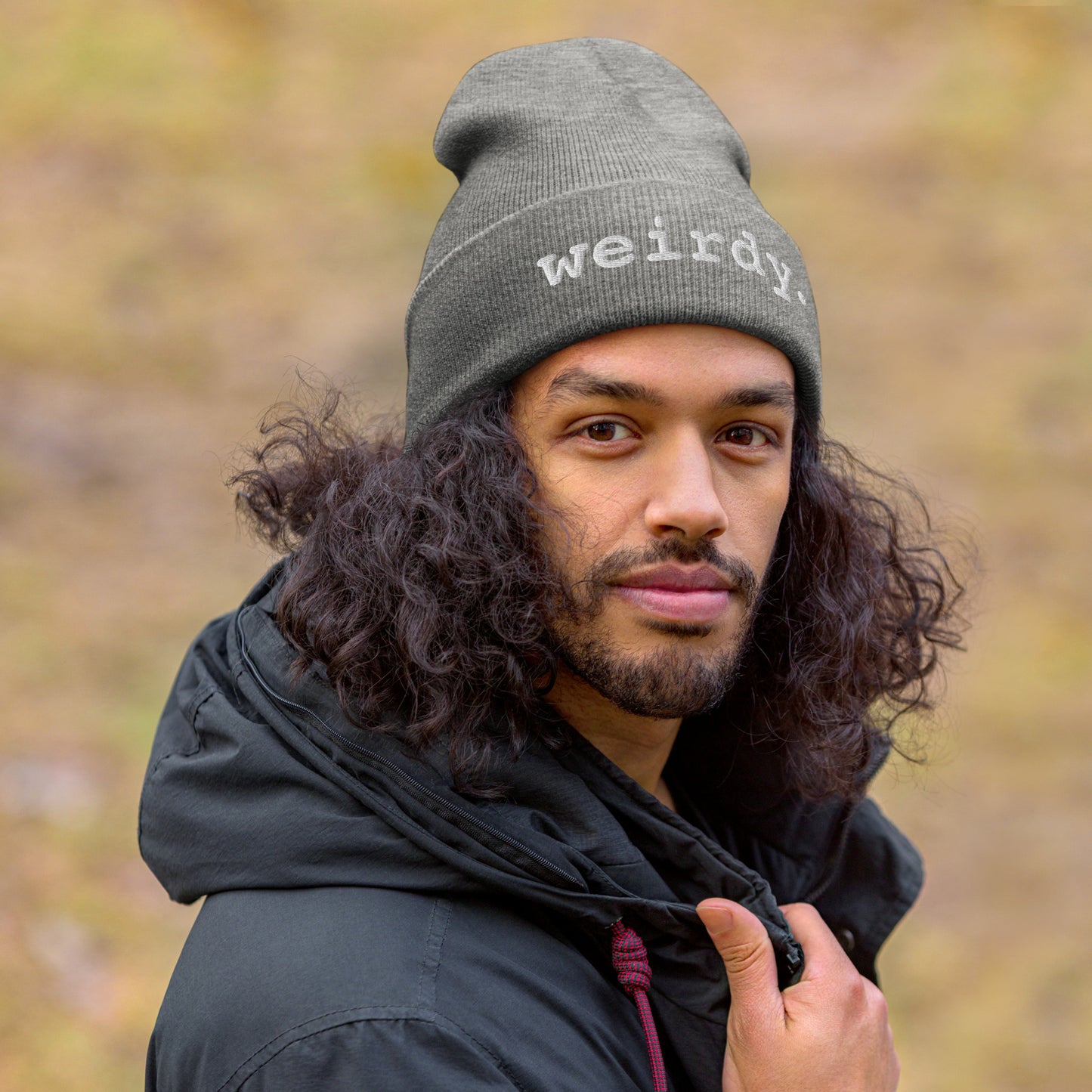 weirdy. Statement Cuffed Beanie with White Text Heather Grey