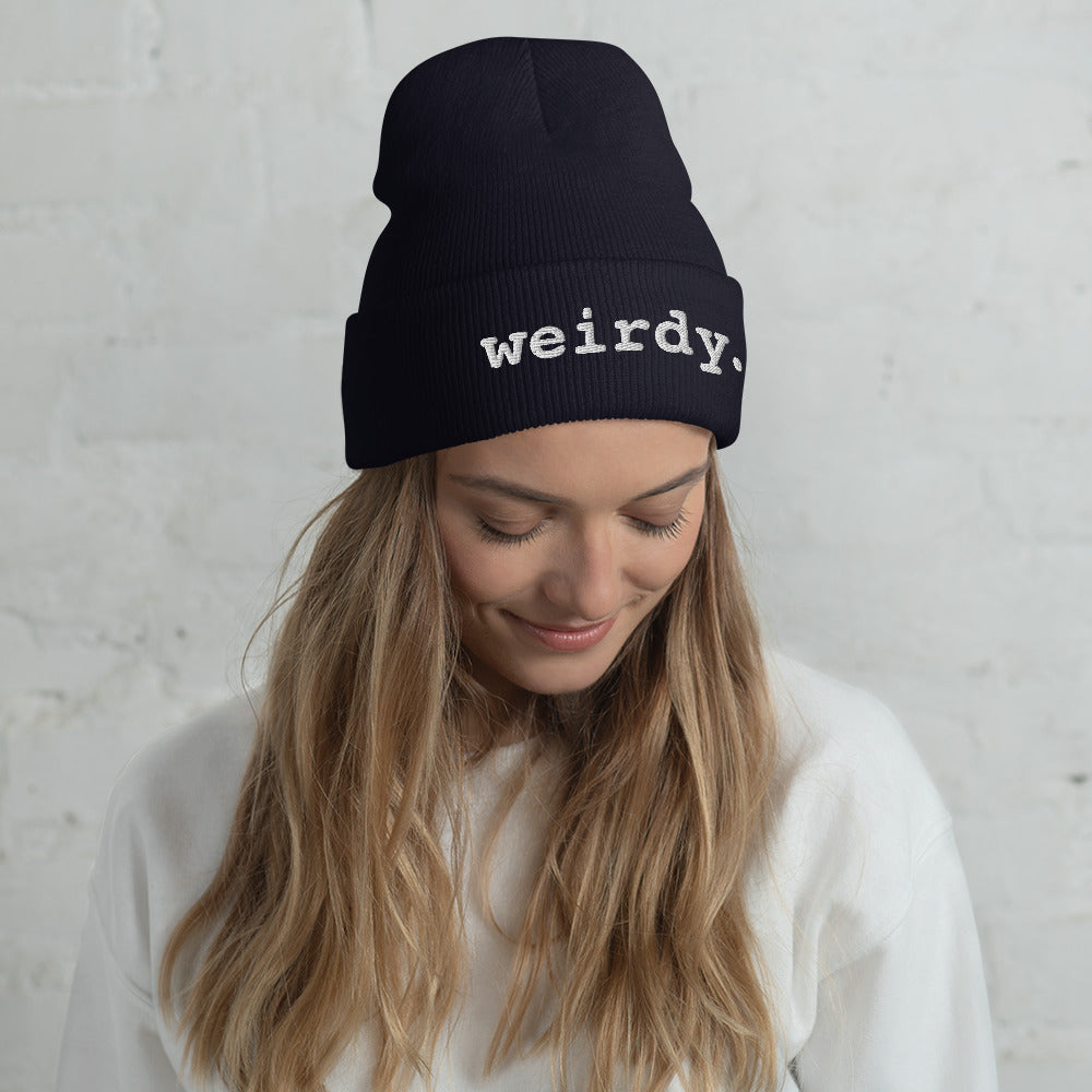 weirdy. Statement Cuffed Beanie with White Text Navy