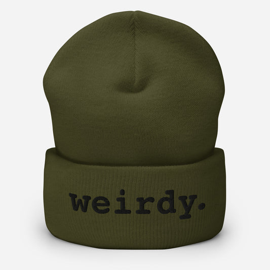 weirdy. Statement Cuffed Beanie with Black Text Olive