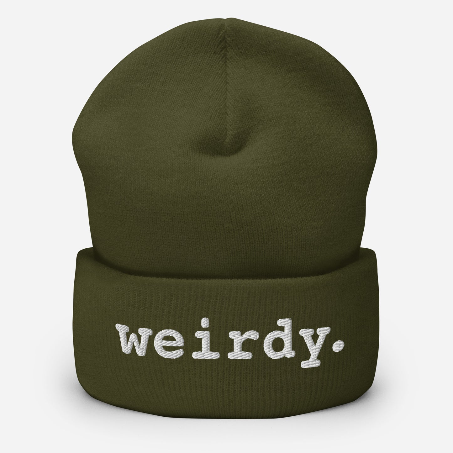 weirdy. Statement Cuffed Beanie with White Text Olive