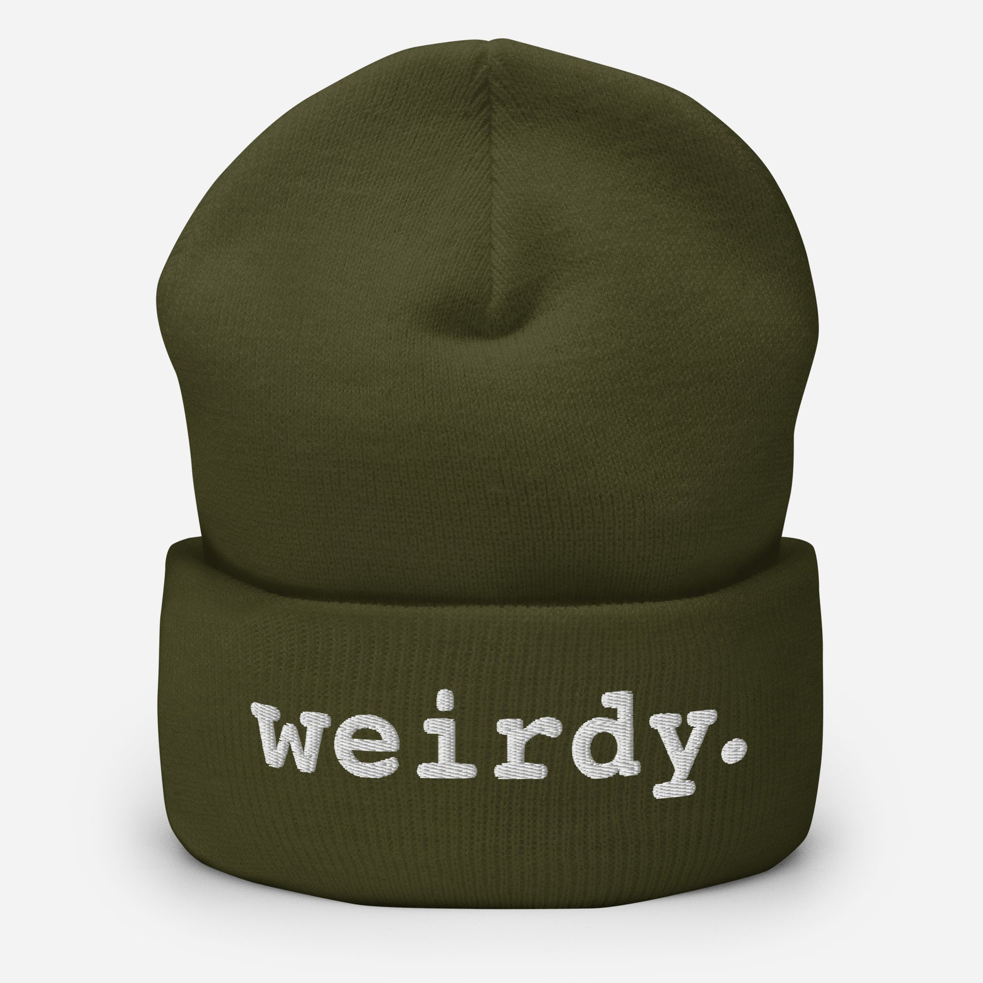 weirdy. Statement Cuffed Beanie with White Text Olive