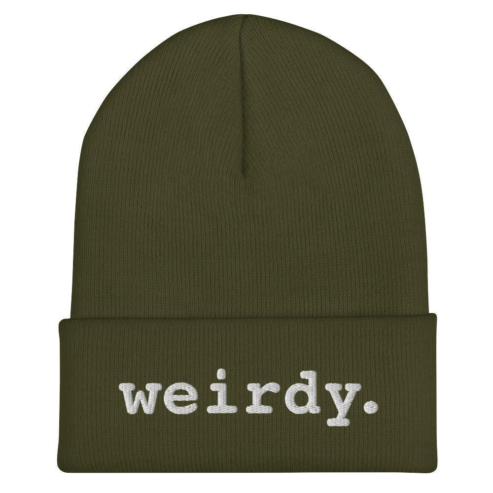 weirdy. Statement Cuffed Beanie with White Text Olive