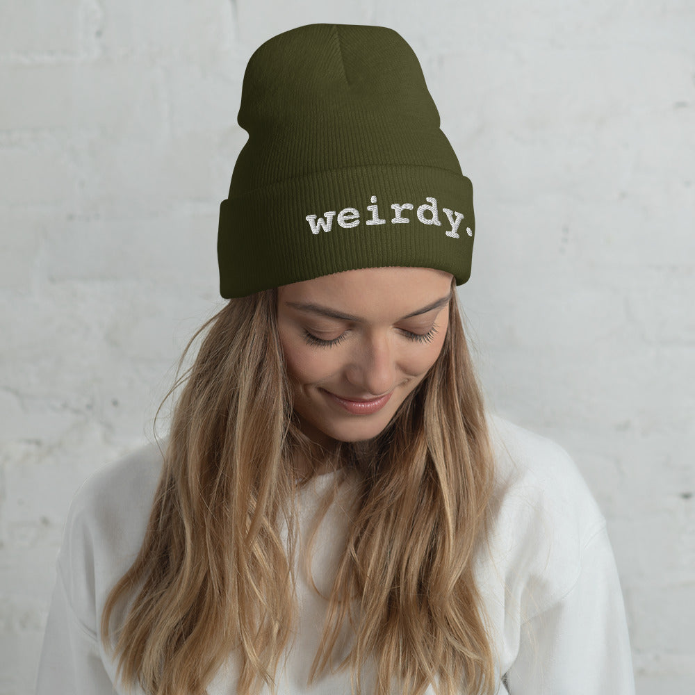 weirdy. Statement Cuffed Beanie with White Text Olive