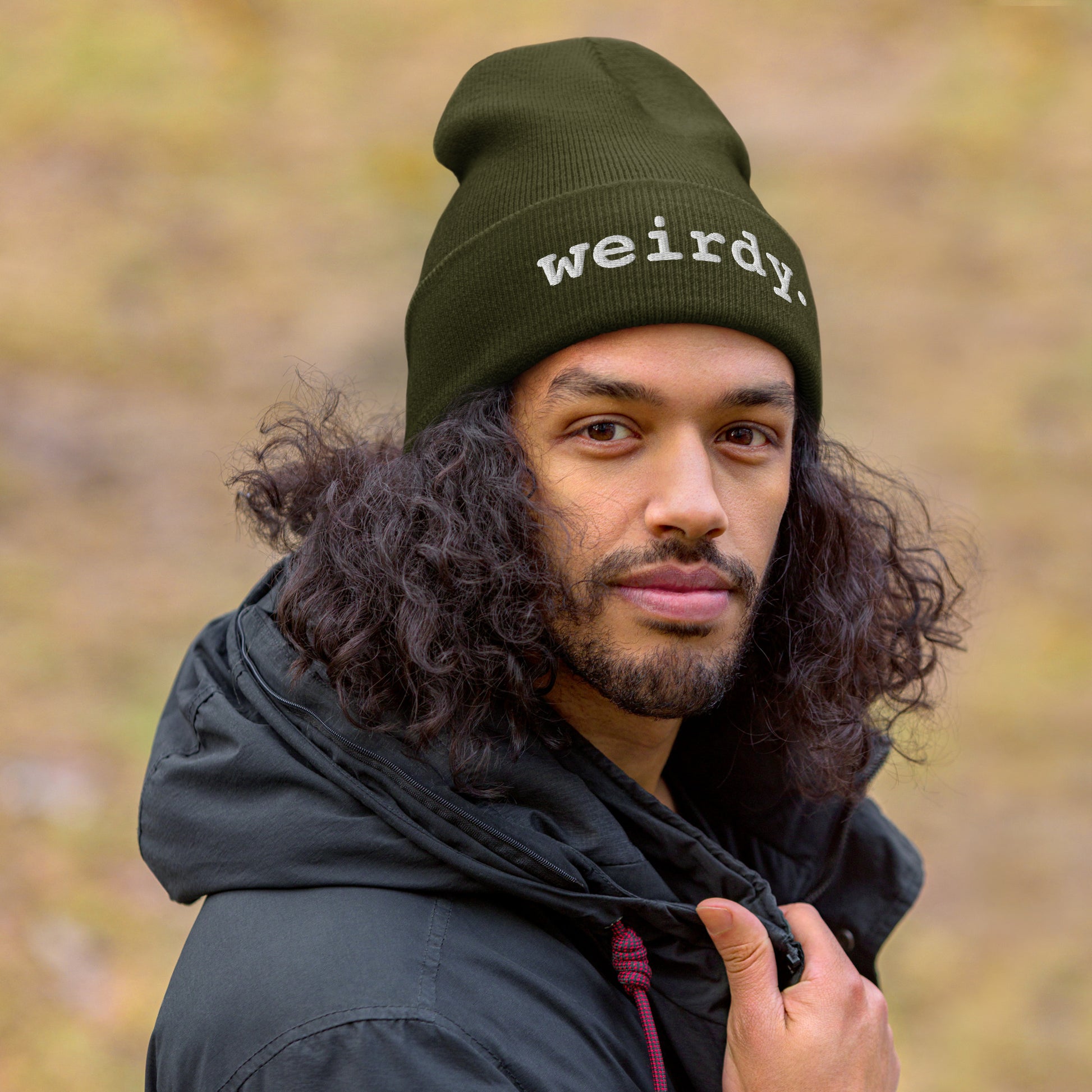 weirdy. Statement Cuffed Beanie with White Text Olive