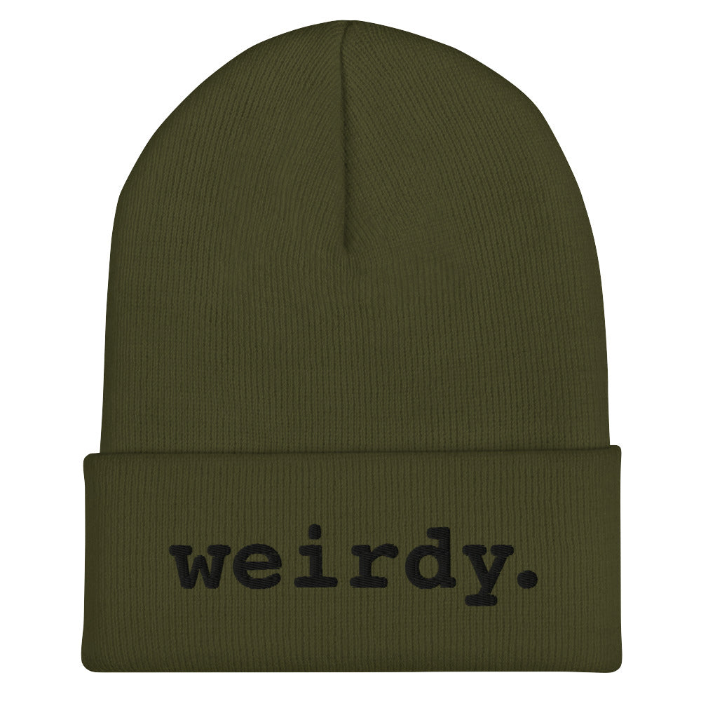 weirdy. Statement Cuffed Beanie with Black Text Olive