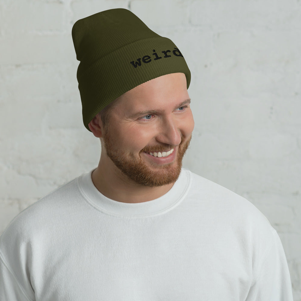 weirdy. Statement Cuffed Beanie with Black Text Olive