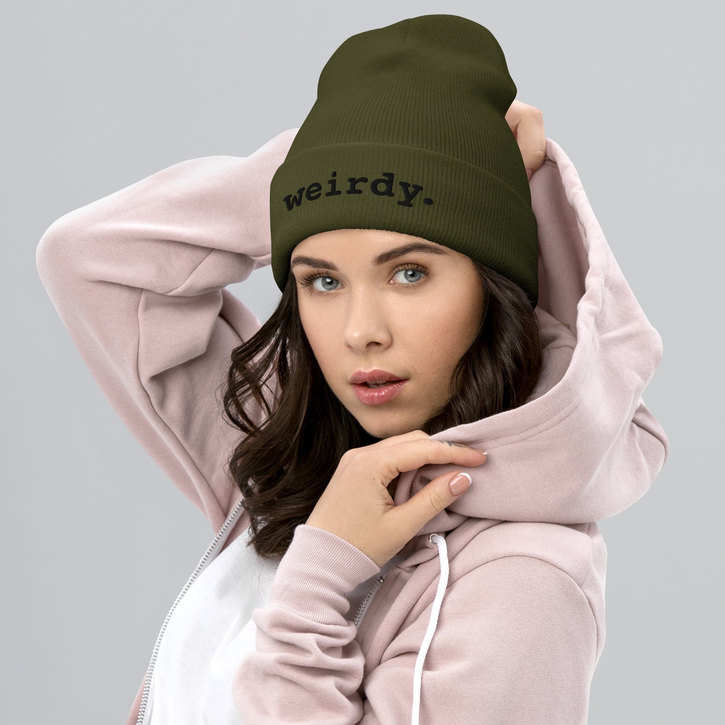 weirdy. Statement Cuffed Beanie with Black Text Olive