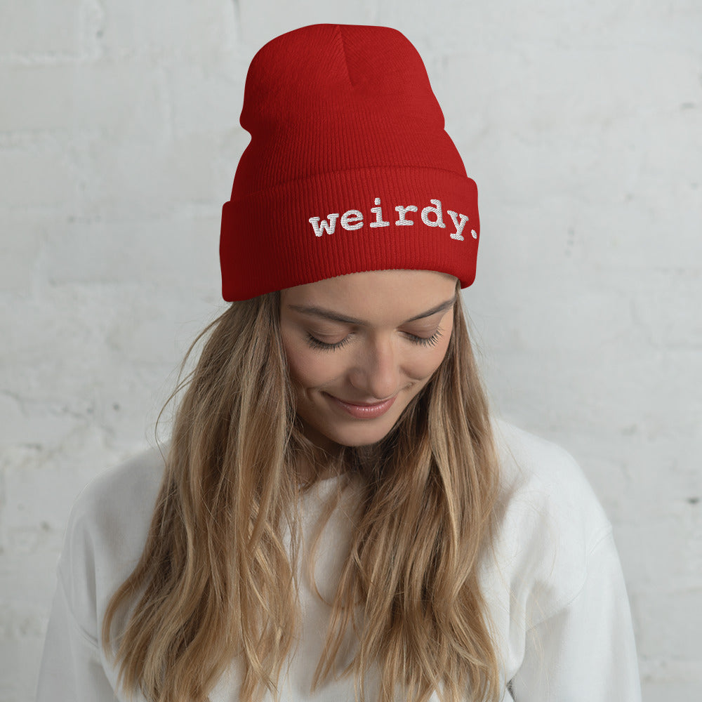 weirdy. Statement Cuffed Beanie with White Text Red