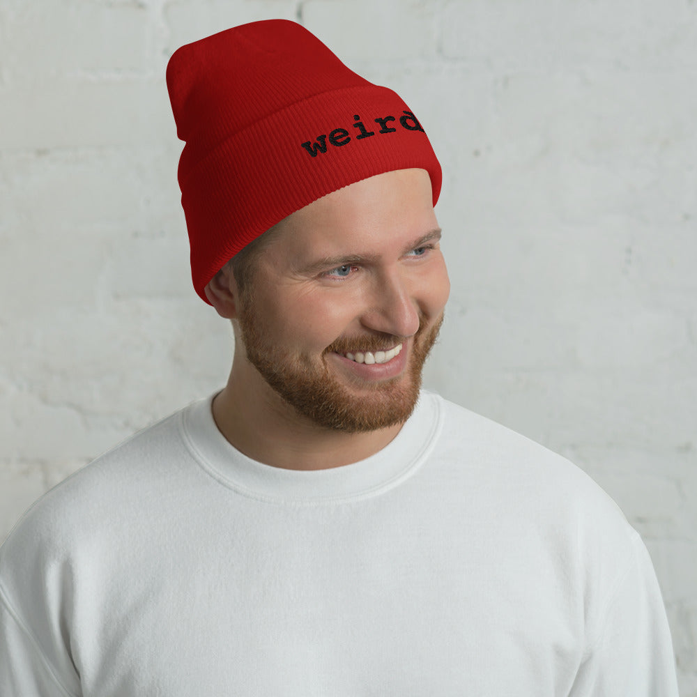 weirdy. Statement Cuffed Beanie with Black Text Red