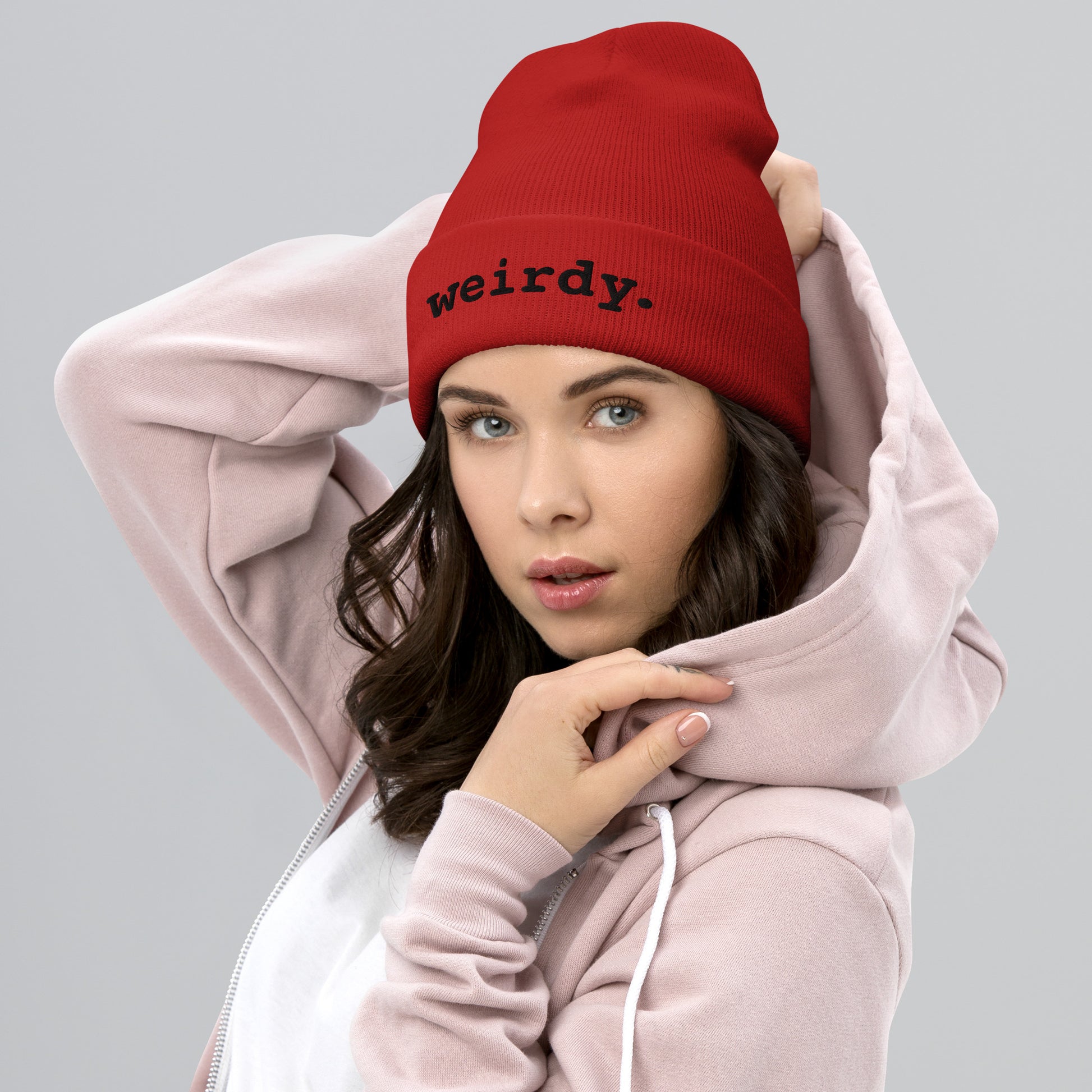 weirdy. Statement Cuffed Beanie with Black Text Red