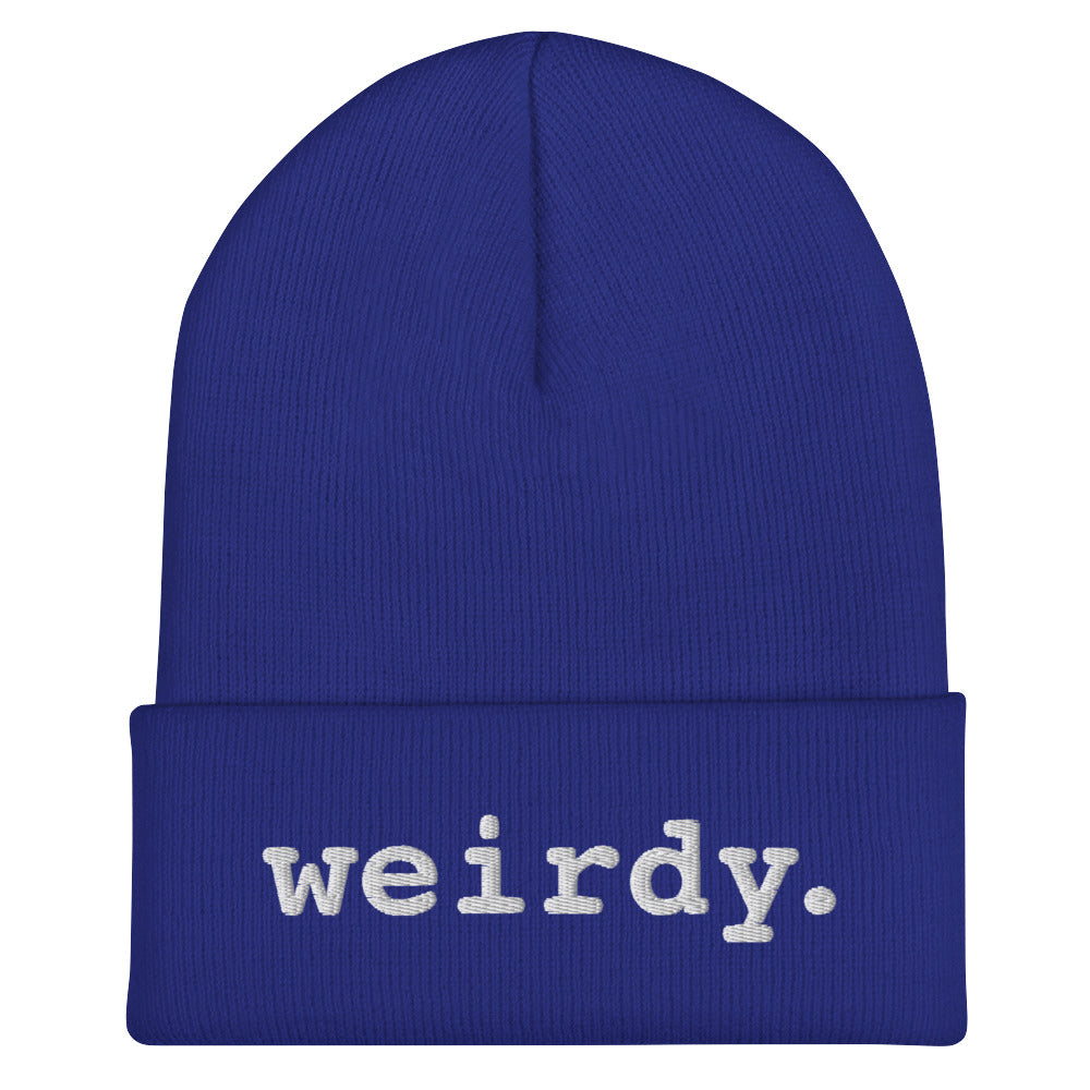 weirdy. Statement Cuffed Beanie with White Text Royal