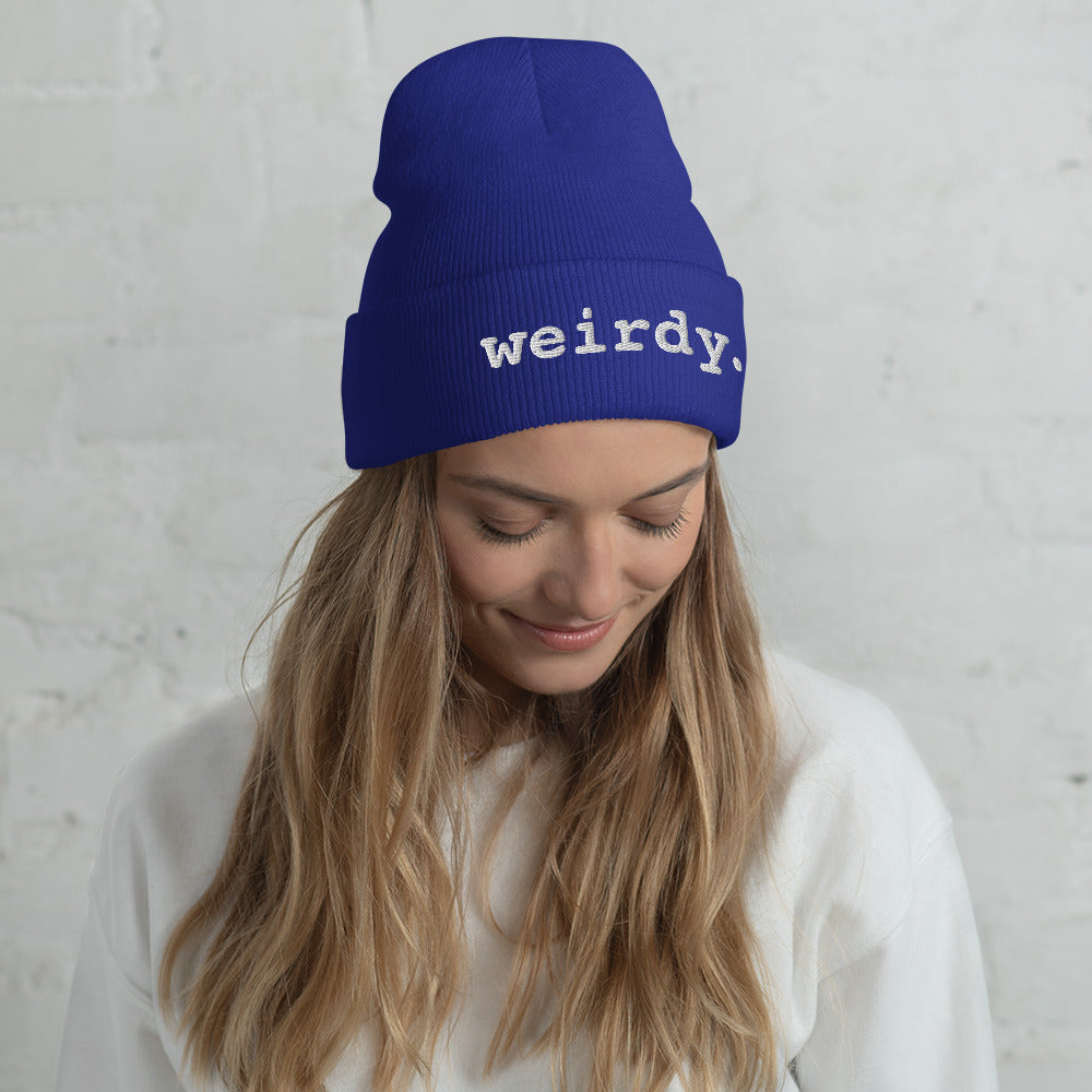 weirdy. Statement Cuffed Beanie with White Text Royal