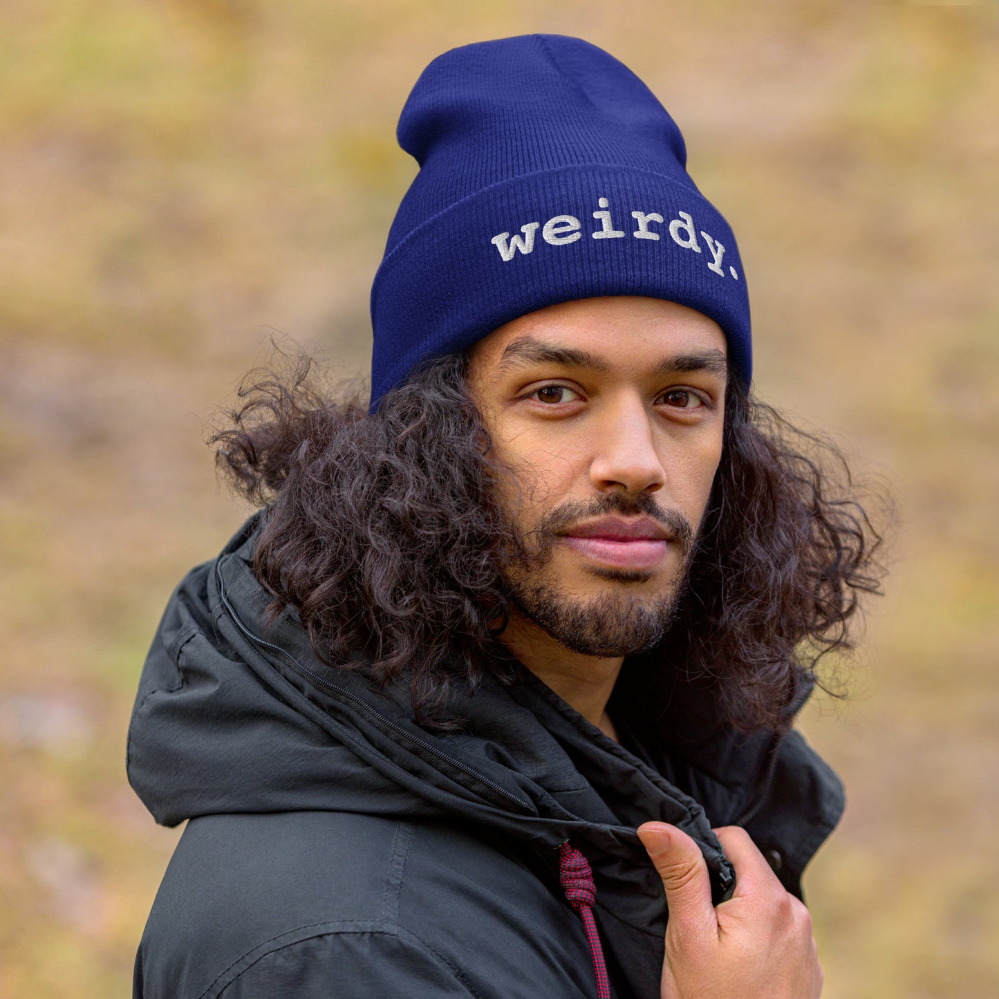 weirdy. Statement Cuffed Beanie with White Text Royal