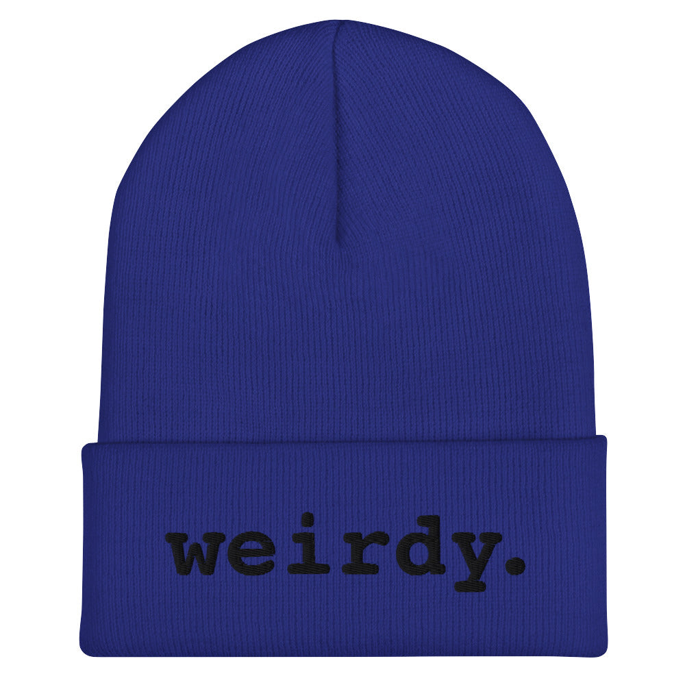 weirdy. Statement Cuffed Beanie with Black Text Royal