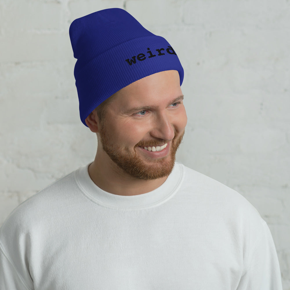 weirdy. Statement Cuffed Beanie with Black Text Royal