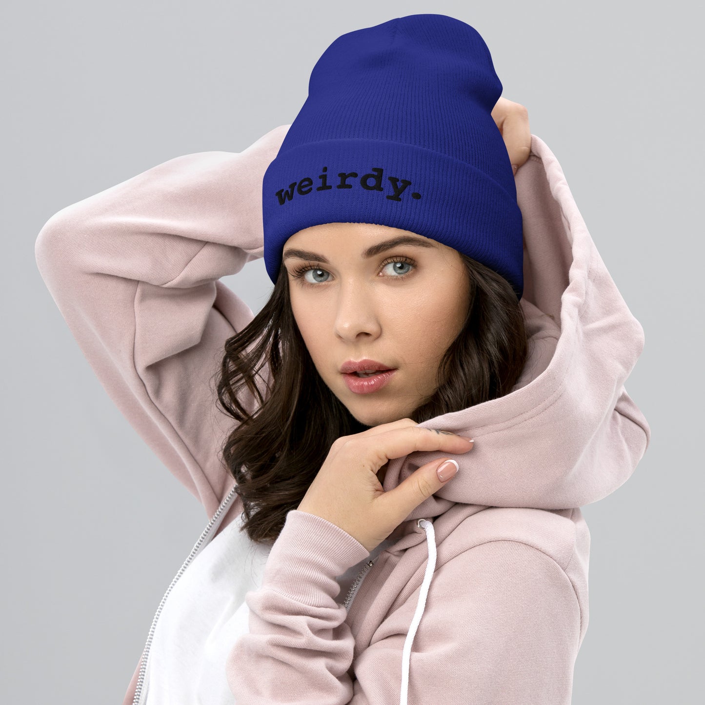 weirdy. Statement Cuffed Beanie with Black Text Royal