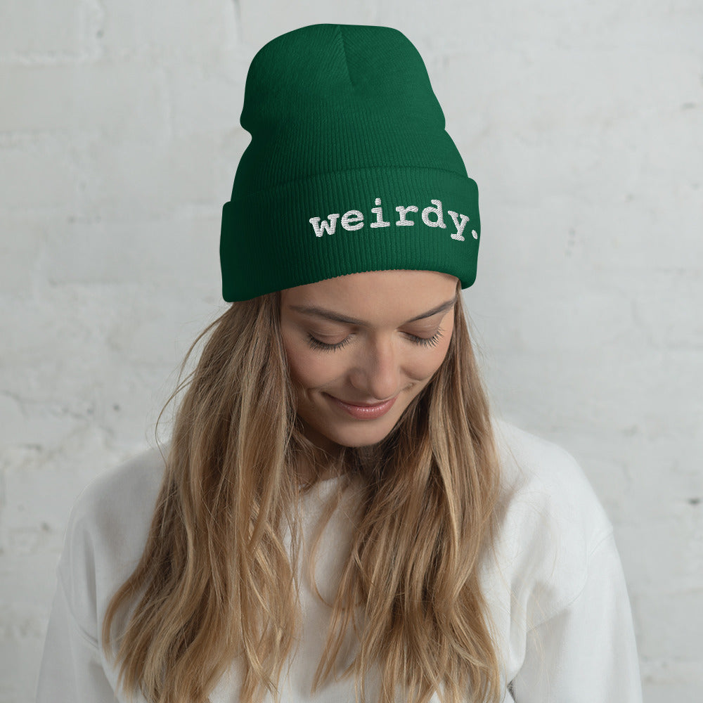 weirdy. Statement Cuffed Beanie with White Text Spruce