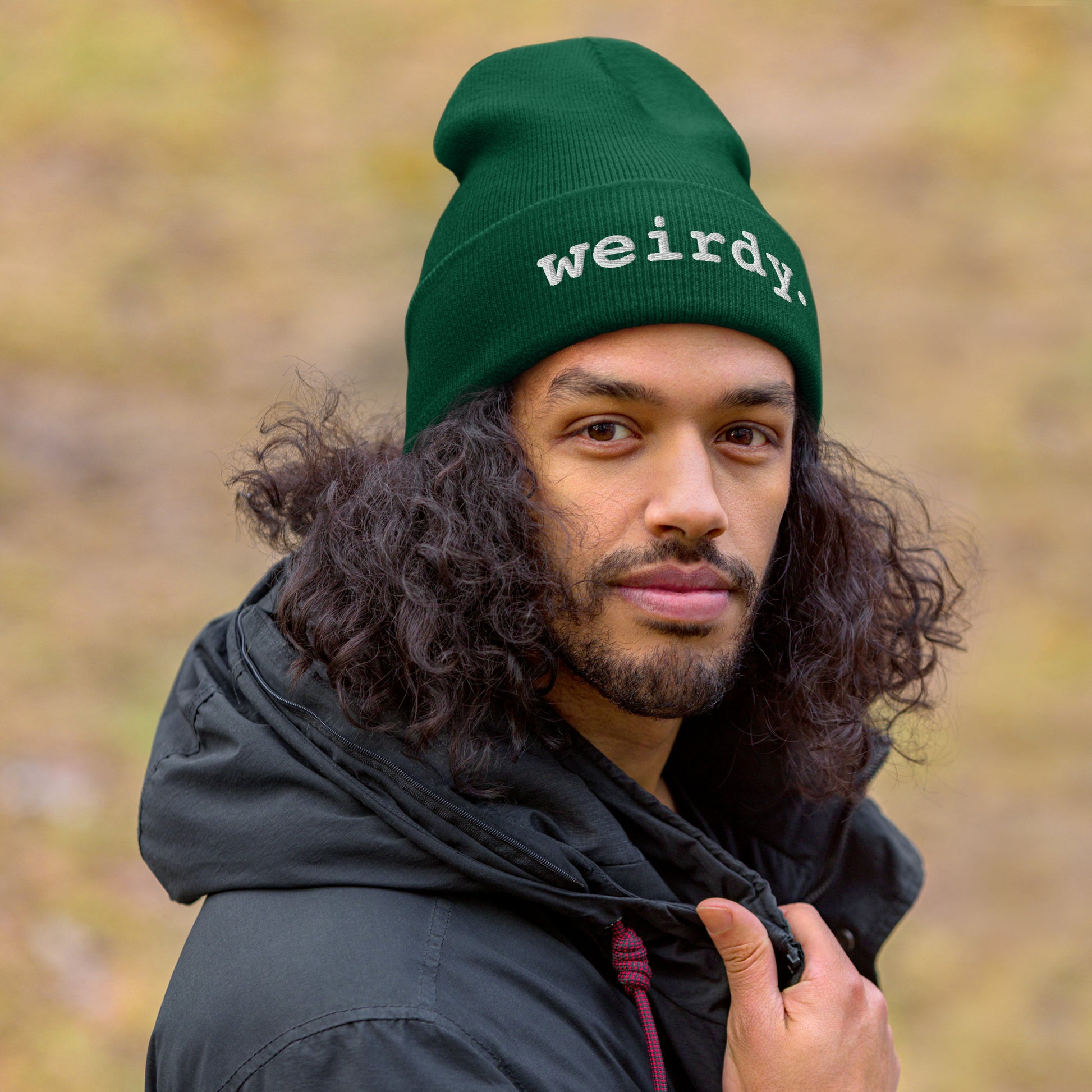 weirdy. Statement Cuffed Beanie with White Text Spruce