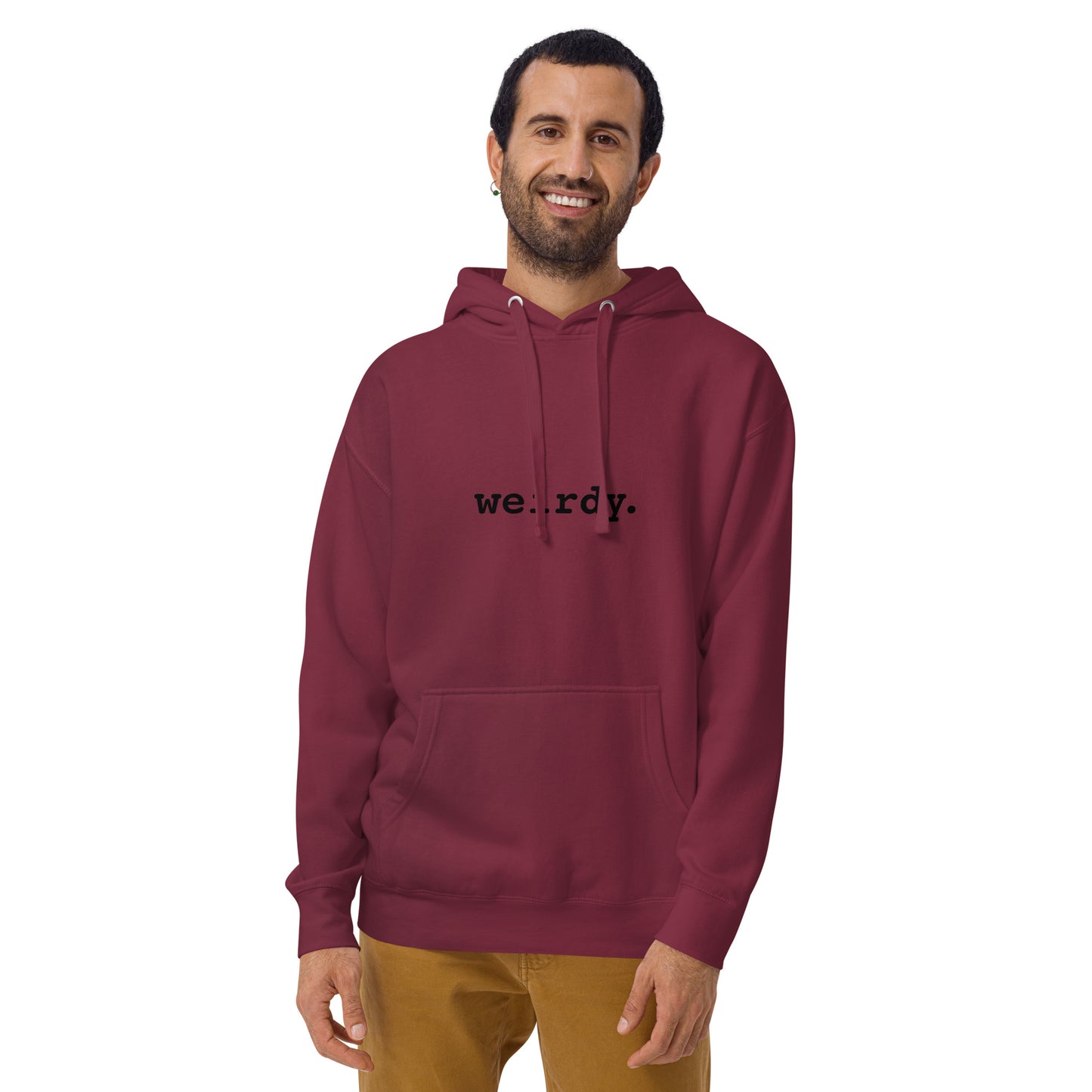 Unisex weirdy. Statement Hoodie with Black Text Maroon
